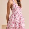 Women's Print Dropped Shoulders Short Mini Dresses Backless Tie-Up High Waist Pleated Dress