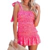 Women Spaghetti Floral Print Tiered Tie Slim Fit Short Dresses Summer Sleeveless Ruffle Smocked Mini Dress