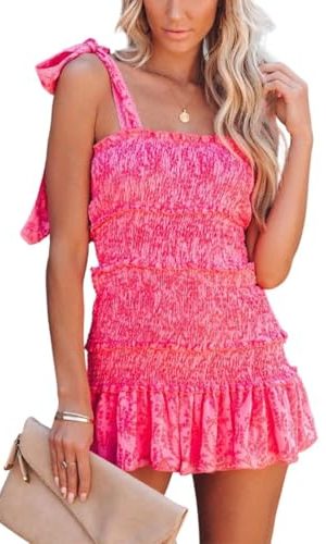 Women Spaghetti Floral Print Tiered Tie Slim Fit Short Dresses Summer Sleeveless Ruffle Smocked Mini Dress
