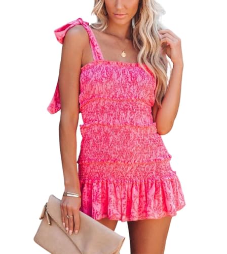 Women Spaghetti Floral Print Tiered Tie Slim Fit Short Dresses Summer Sleeveless Ruffle Smocked Mini Dress