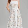 Women Runway Crochet Hollow Out Lace Ruffles Spaghetti Strap Embroidery Belt Lace Up Midi Dress (White,l)