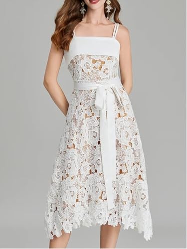 Women Runway Crochet Hollow Out Lace Ruffles Spaghetti Strap Embroidery Belt Lace Up Midi Dress (White,l)