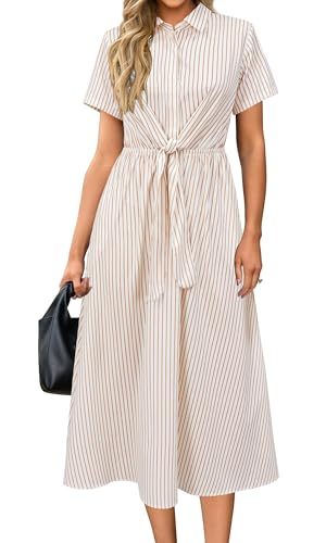 Womens Wear to Work Teacher Business Casual Outfits Long Dresses Tie Waist Shirt Dress Attire with Pockets