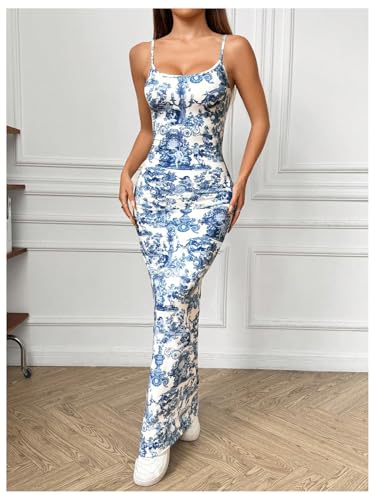 Women's Summer Maxi Dress Spaghetti Strap Printed Beach Bodycon Long Dresses