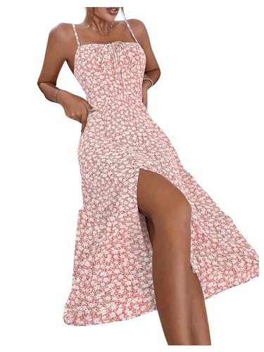 Women's Summer Split Thigh Spaghetti Strap Cami Midi Floral Dress