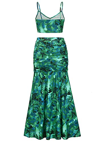 Women's Summer Floral Printed Spaghetti Strap Cami Top and Split Thigh Skirt Set Slim Fit Club Party Dress
