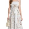 Women Runway Crochet Hollow Out Lace Ruffles Spaghetti Strap Embroidery Belt Lace Up Midi Dress (White,l)