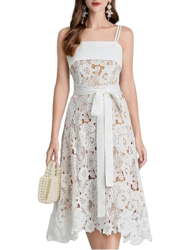 Women Runway Crochet Hollow Out Lace Ruffles Spaghetti Strap Embroidery Belt Lace Up Midi Dress (White,l)