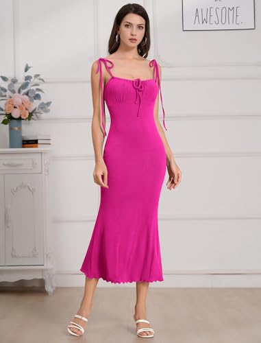 Womens Tie Shoulder Drawstring Ruched Bust Mermaid Hem Cami Slip Dress Bodycon Maxi Evening Party Dress