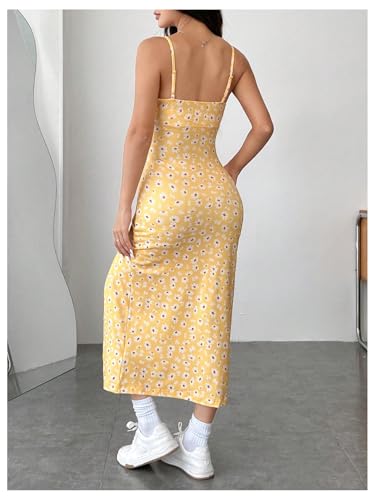 Women's Floral Print Split Thigh Midi Cami Dress Square Neck High Waist Slim Fit Summer Dress