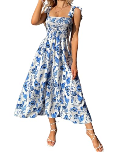 Women's Summer Floral Dresses 2025 Beach Vacation Casual Blue and White Long Maxi Sundresses