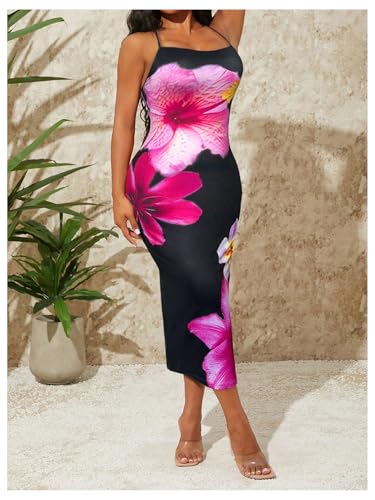 Women's Floral Halter Dress Spaghetti Strap Backless Cami Summer Maxi Dress