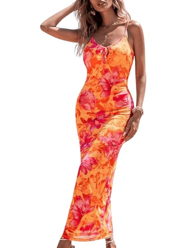 Women's Floral Print Tie Dye Spaghetti Strap Backless Fitted Cami Pencil Dress Summer Boho Maxi Slip Dresses
