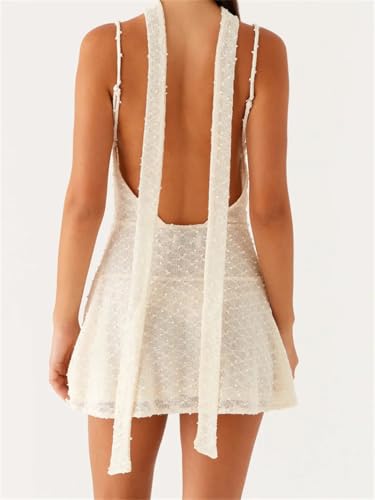 Women's Mini Dresses Dot Sleeveless Spaghetti Strap Deep V-Neck Cami Dress Backless Vestidos