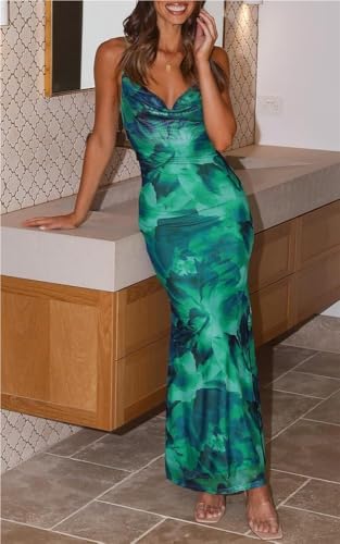 Womens Summer Floral Spaghetti Strap Maxi Dress Sexy Stretch Bodycon Long Slip Backless Casual Beach Sundress