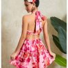 Women's Floral Print Sleeveless Halter Neck Layered Hem A Line Mini Dress