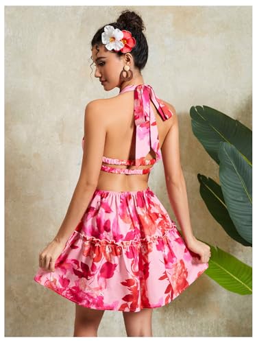 Women's Floral Print Sleeveless Halter Neck Layered Hem A Line Mini Dress