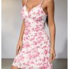 Women Boho Floral Ruched V Neck Cami Mini Dress Lettuce Trim Spaghetti Strap Short Dress