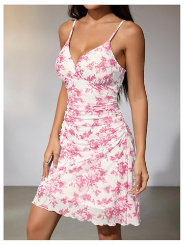 Women Boho Floral Ruched V Neck Cami Mini Dress Lettuce Trim Spaghetti Strap Short Dress