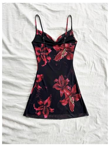 Women's Floral Draped Neck Cami Dress Backless Spaghetti Strap Short Dresses