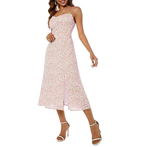 Women's Spaghetti Sleeveless Tie Shoulder Floral Print Strappy Sundress Casual Midi Dress