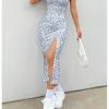 Women's Summer Ditsy Floral Print Spaghetti Strap Split Thigh Cami Midi Dress
