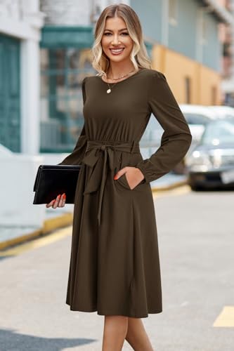 Womens Long Sleeve Casual Dresses 2025 Business Work Teacher Fall Church Belted A Line Flowy Midi Dress