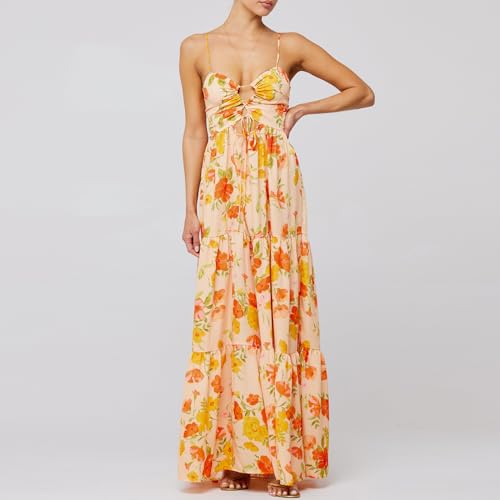 Women’s Summer Bodycon Maxi Dresses Floral Print Spaghetti Strap Cut Out Dress Y2K Beach Boho Long Dress