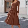 Women's Summer Square Neck Ribbed Knit Short/Long Sleeve A Line Flowy Midi Dress with Pockets