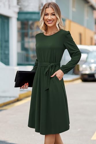 Womens Long Sleeve Casual Dresses 2025 Business Work Teacher Fall Church Belted A Line Flowy Midi Dress