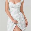 Women's Short Mini Dress Short Sleeve Low-Cut Backless Flower Print A-Line Dress High Waist Vestidos