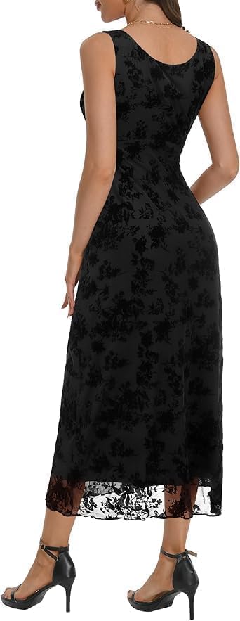 Women's Elegant V Neck Sleeveless Long Dress Double Layers Floral Mesh Maxi Dress Summer Casual Wedding Guest Outfits