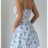 Women's Floral Print Tie Strap Mini Dress Square Neck Ruched Flared A Line Beach Vacation Flowy Dresses