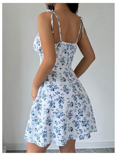 Women's Floral Print Tie Strap Mini Dress Square Neck Ruched Flared A Line Beach Vacation Flowy Dresses
