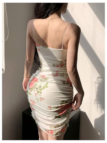 Women's Floral Print Bodycon Dress Ruched Sleeveless Spaghetti Strap Boho Mini Dresses