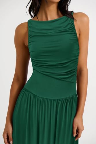 Women 2025 Summer Maxi Dresses Vacation Ruched Boat Neck Tank Flowy Elegant Party Long Formal Dress Pockets