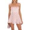 Women Summer Casual Dress Floral Print Tie-Up Shoulder Strap Mini Dress Fashion Double Layer Backless Cami Dress