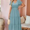 Women's 2025 Summer Boho Maxi Dresses Flutter Short Sleeve V Neck Casual Beach Wedding Guest Vacation Long Dress