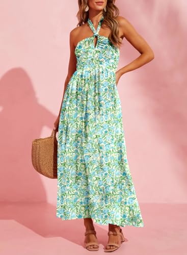 Women's Summer Dresses Halter Neck Sleeveless Backless Flowy A Line Boho Maxi Dress
