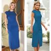 Women 2025 Summer Casual Bodycon Long Midi Ruched Side Slit Cap Sleeve Crew Neck Slim Fit Vacation Dress