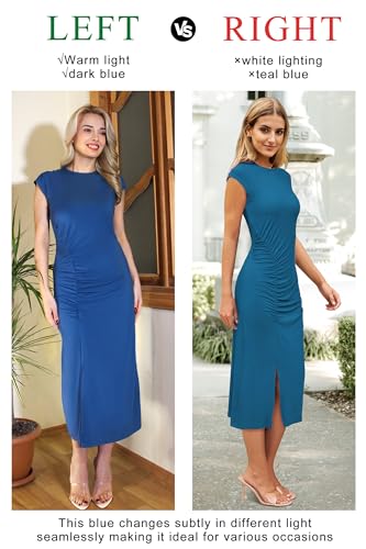 Women 2025 Summer Casual Bodycon Long Midi Ruched Side Slit Cap Sleeve Crew Neck Slim Fit Vacation Dress