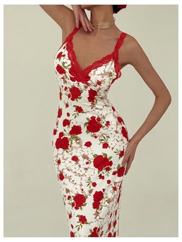 Women's Floral Print Sleeveless Cami Dress Lace Trim Slit Bodycon Long Dresses