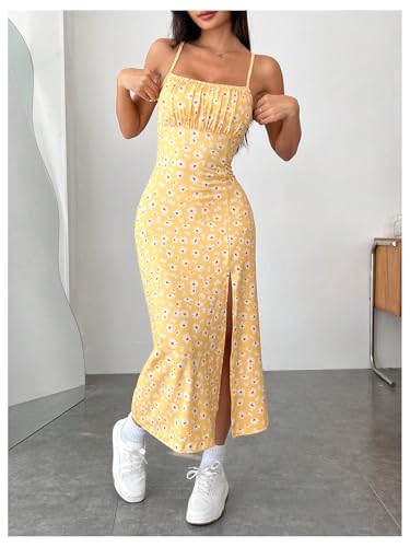 Women's Floral Print Split Thigh Midi Cami Dress Square Neck High Waist Slim Fit Summer Dress