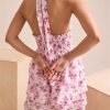 Women's Print Dropped Shoulders Short Mini Dresses Backless Tie-Up High Waist Pleated Dress