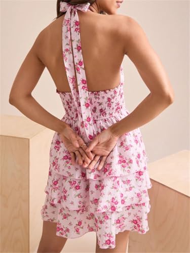 Women's Print Dropped Shoulders Short Mini Dresses Backless Tie-Up High Waist Pleated Dress