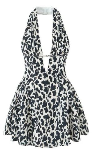 Women's Vintage Backless Floral Print Dresses Deep V Neck A-Line Mini Holiday Dress