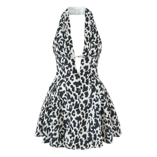 Women's Vintage Backless Floral Print Dresses Deep V Neck A-Line Mini Holiday Dress