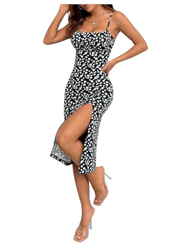 Women's Floral Print Slit Cami Dress Sleeveless Boho Bodycon Midi Dress