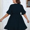 Plus Size Casual Summer Dress for Women Swiss Dot Wrap V Neck Ruffle Sleeve Smock Boho Mini Dress