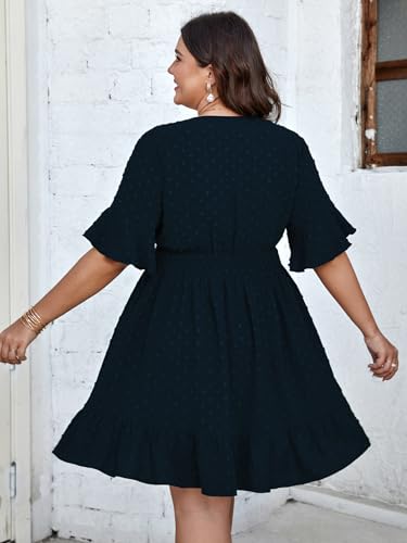 Plus Size Casual Summer Dress for Women Swiss Dot Wrap V Neck Ruffle Sleeve Smock Boho Mini Dress